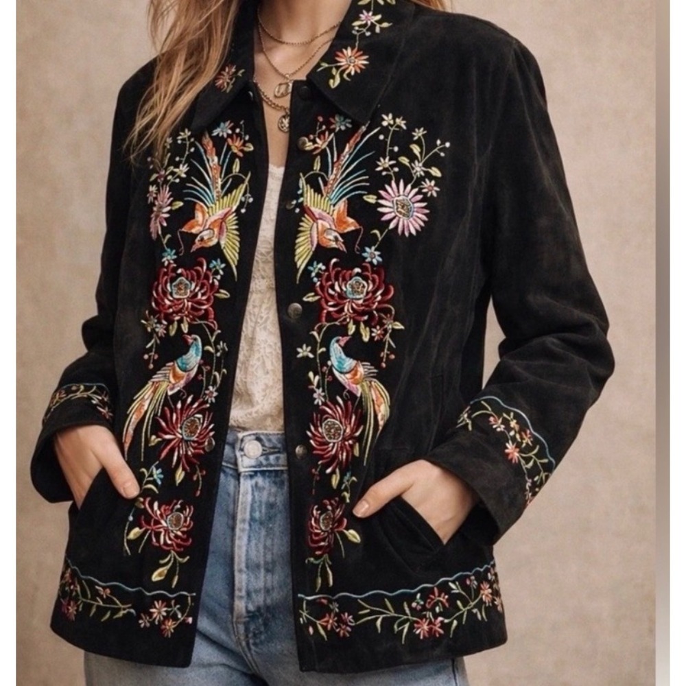 Avanti Leather Jacket Womens Medium Black Embroidered Suede Boho Floral Western